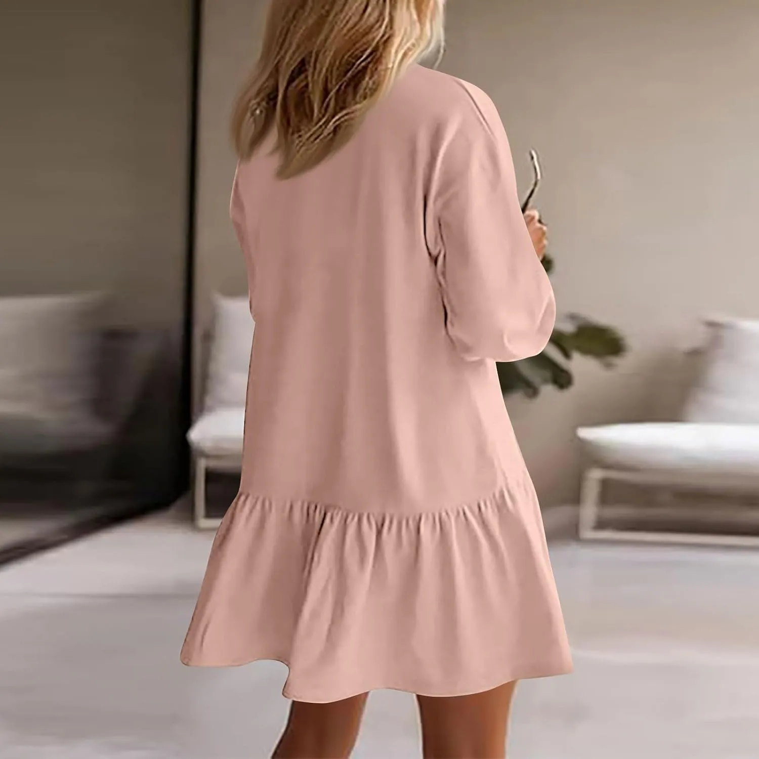 Women Boho Puff Sleeve Short Dress Floral V Neck Babydoll Dress Flowy Shirt Dress Bohemian Mini Sundres