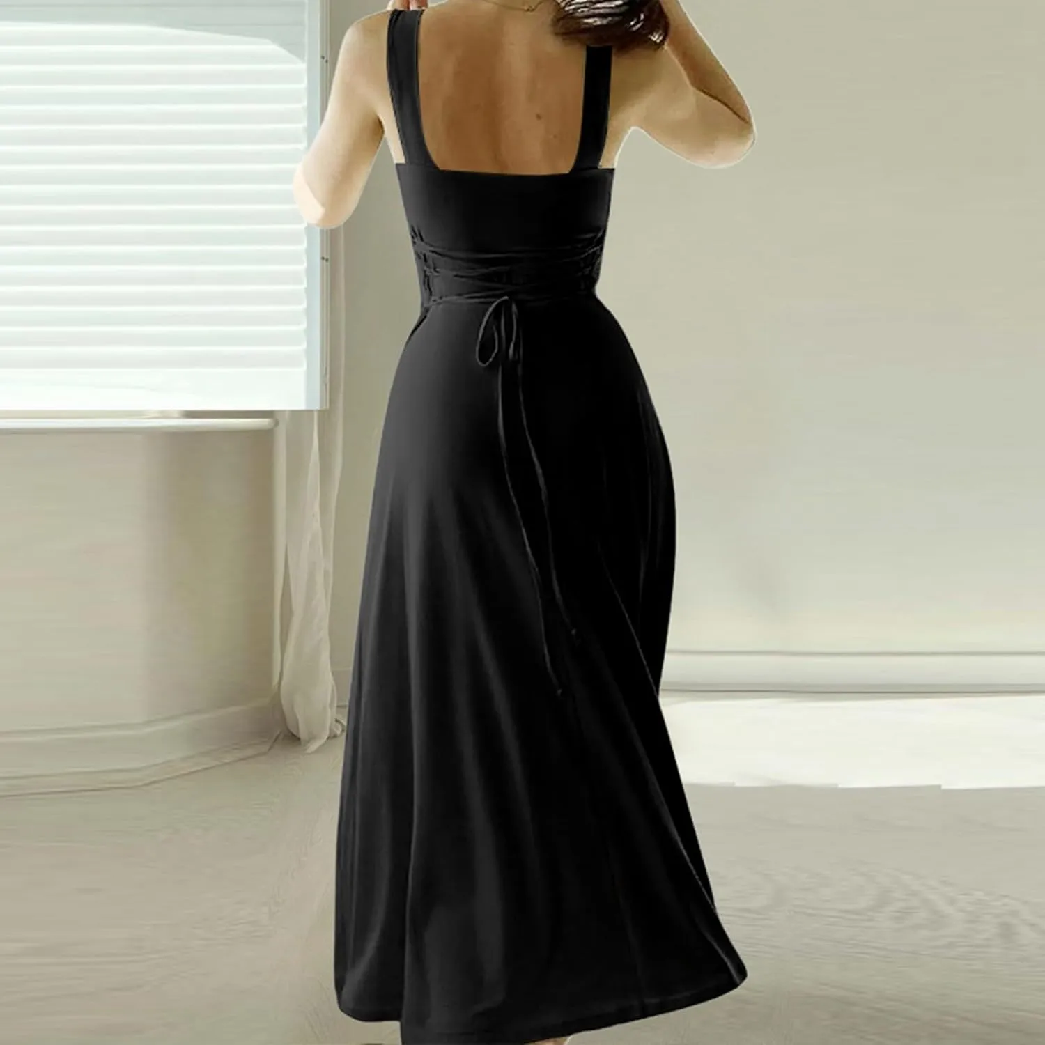 Women Casual Summer Dress Pleated Sundress Loose Split Tank Dress Long Beach Travel 2025 Vacation Dress