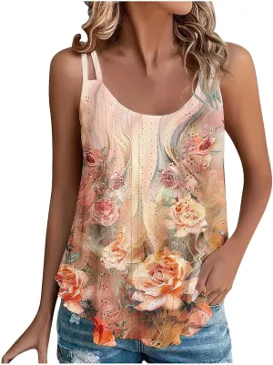 Women Crew Neck Tops Sleeveless Summer Shirts Floral Print Tank Tops Spaghetti Straps Casual Blouses Shirt Flowy Tee