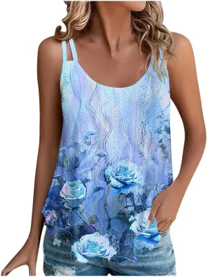Women Crew Neck Tops Sleeveless Summer Shirts Floral Print Tank Tops Spaghetti Straps Casual Blouses Shirt Flowy Tee