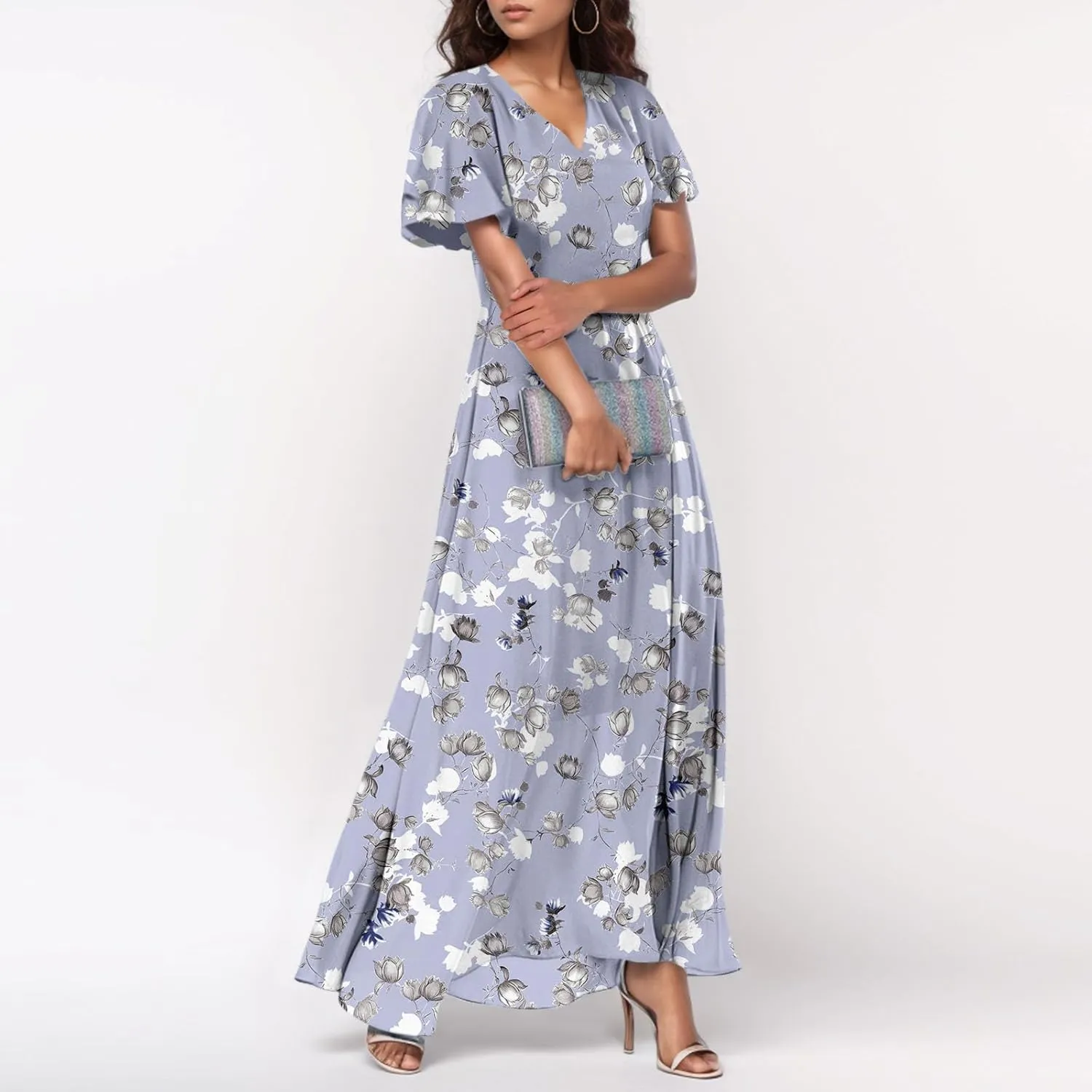 Women Floral Maxi Dress V Neck Flutter Sleeve Long Flowy Chiffon Dresses Casual Summer A Line Beach Vacation Dresses