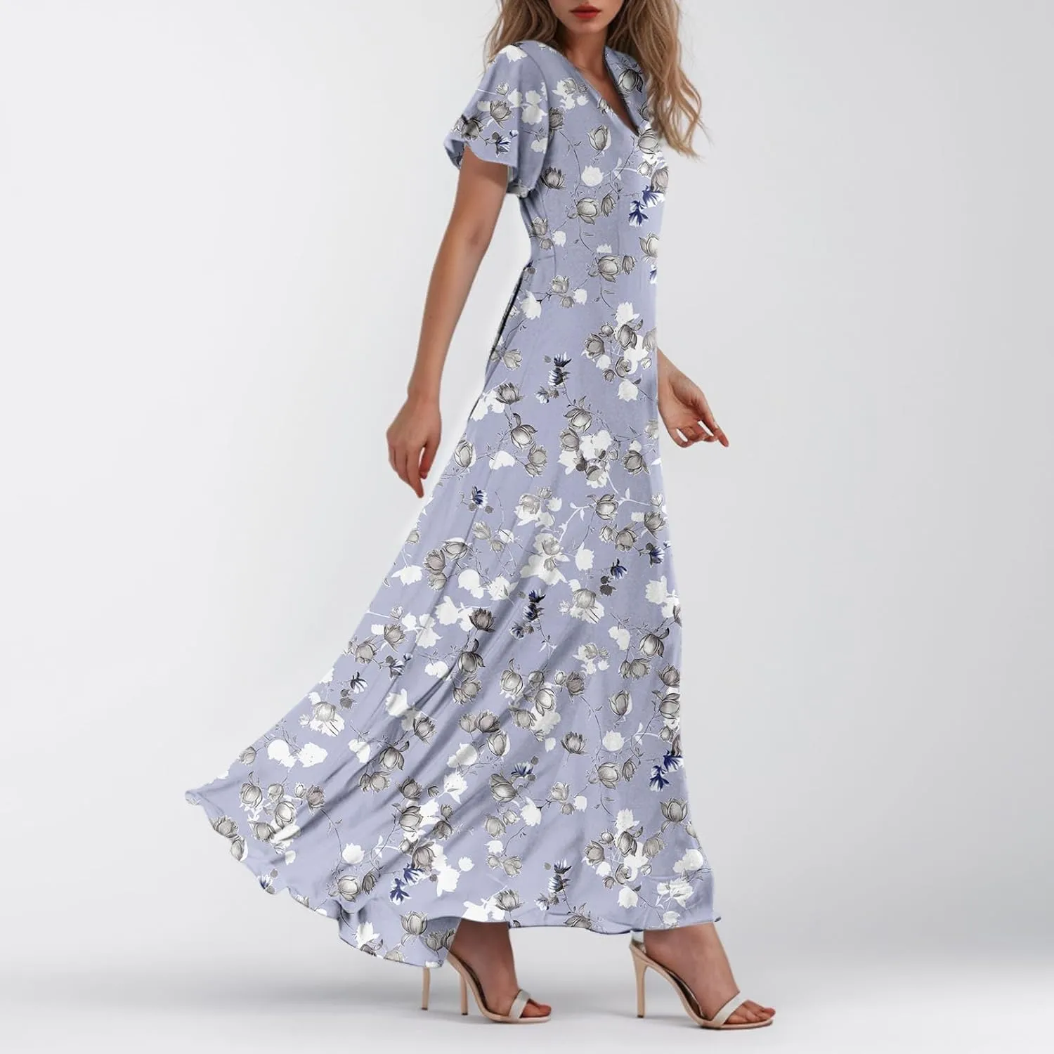 Women Floral Maxi Dress V Neck Flutter Sleeve Long Flowy Chiffon Dresses Casual Summer A Line Beach Vacation Dresses