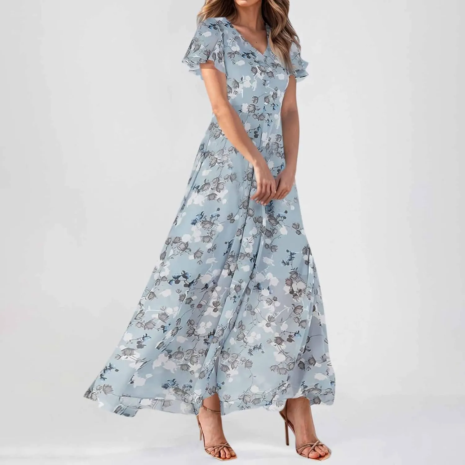 Women Floral Maxi Dress V Neck Flutter Sleeve Long Flowy Chiffon Dresses Casual Summer A Line Beach Vacation Dresses