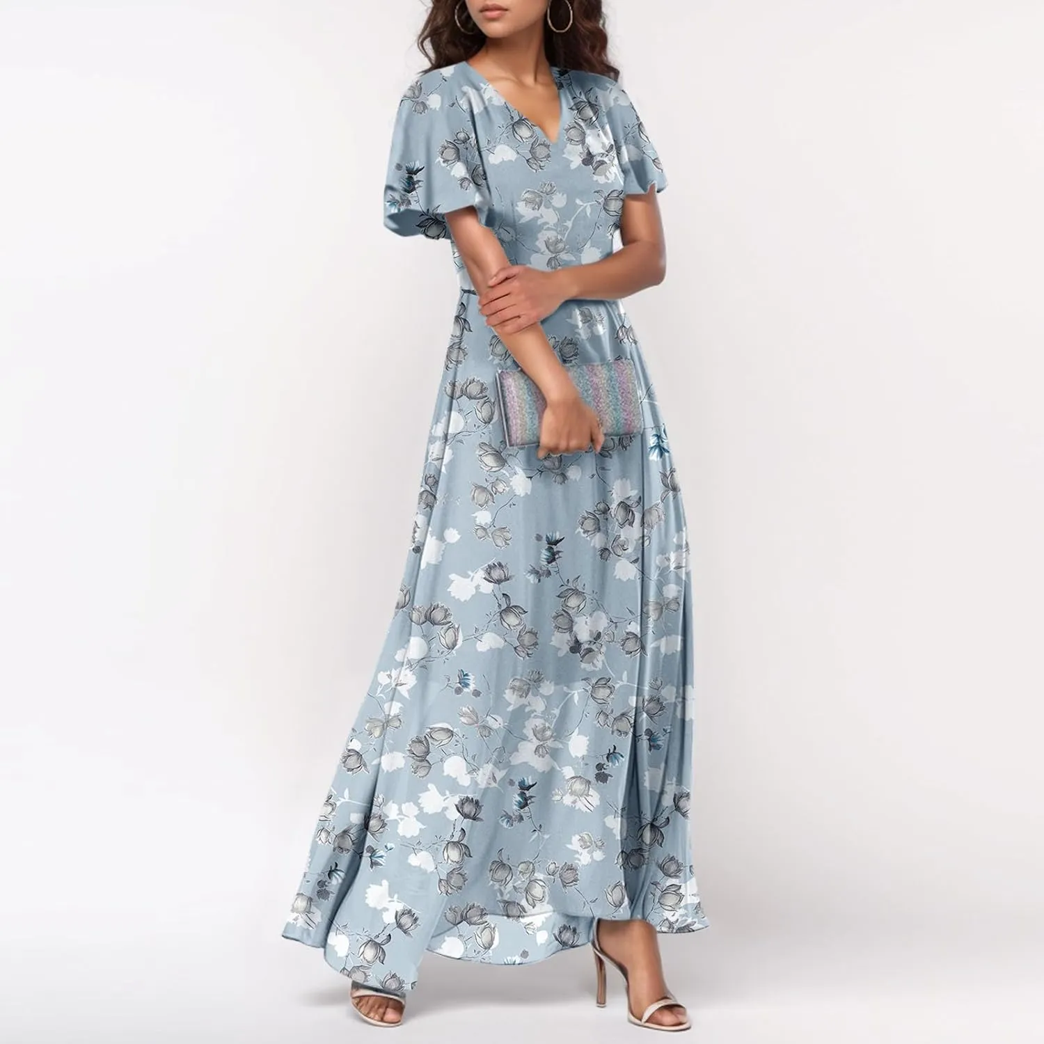 Women Floral Maxi Dress V Neck Flutter Sleeve Long Flowy Chiffon Dresses Casual Summer A Line Beach Vacation Dresses