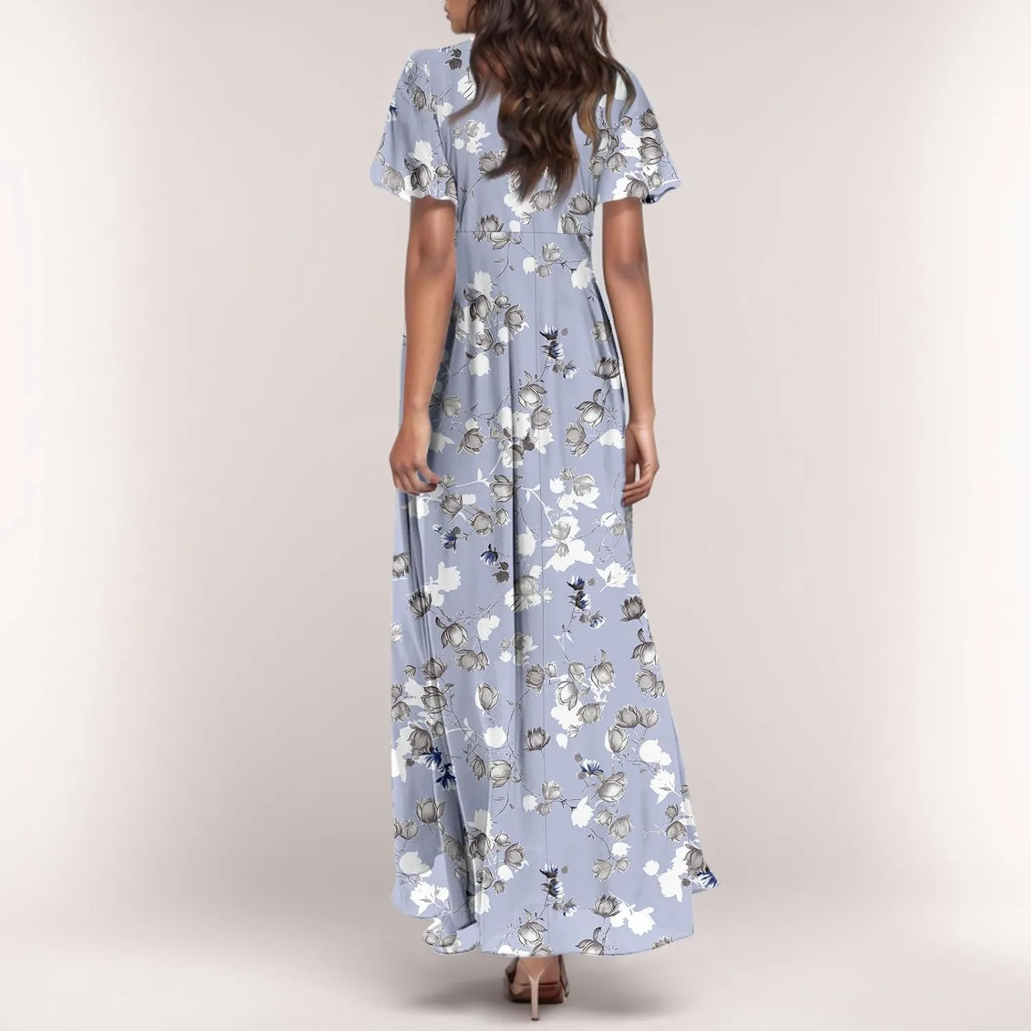 Women Floral Maxi Dress V Neck Flutter Sleeve Long Flowy Chiffon Dresses Casual Summer A Line Beach Vacation Dresses