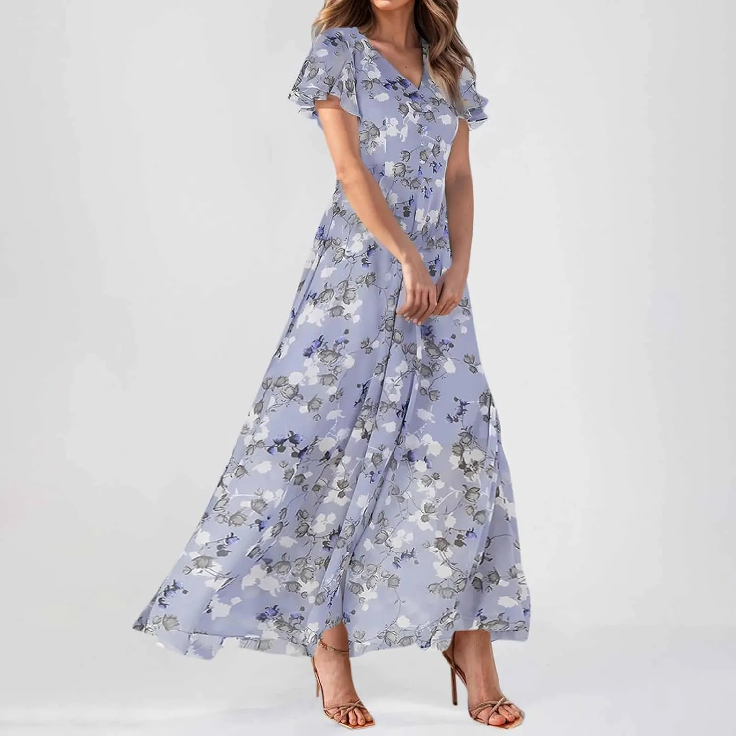 Women Floral Maxi Dress V Neck Flutter Sleeve Long Flowy Chiffon Dresses Casual Summer A Line Beach Vacation Dresses