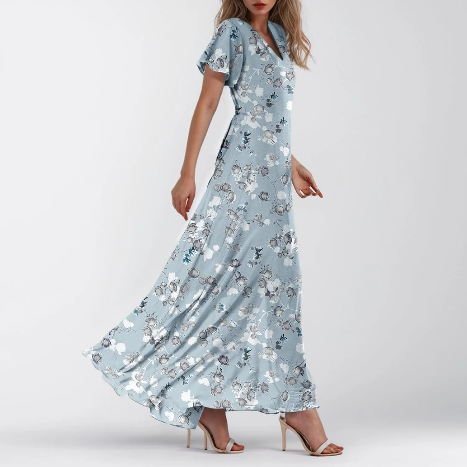 Women Floral Maxi Dress V Neck Flutter Sleeve Long Flowy Chiffon Dresses Casual Summer A Line Beach Vacation Dresses