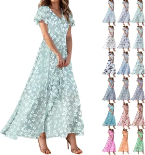 Women Floral Maxi Dress V Neck Flutter Sleeve Long Flowy Chiffon Dresses Casual Summer A Line Beach Vacation Dresses