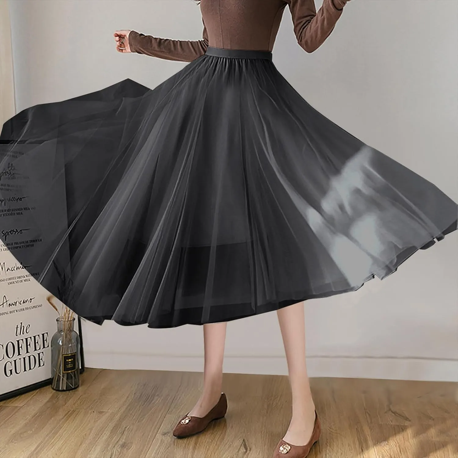 Women Flowy Tulle Swing Skirt, Elastic High Waist Tummy Control Casual A-Line Skirts Streetwear Trendy Midi Clothes