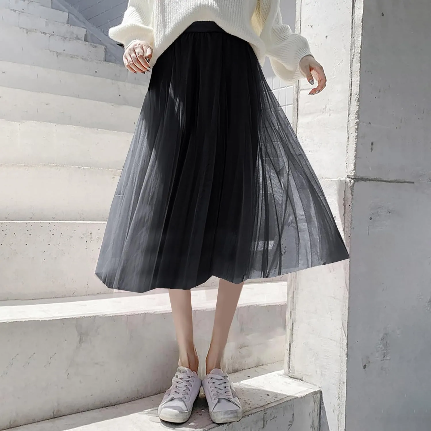 Women Flowy Tulle Swing Skirt, Elastic High Waist Tummy Control Casual A-Line Skirts Streetwear Trendy Midi Clothes