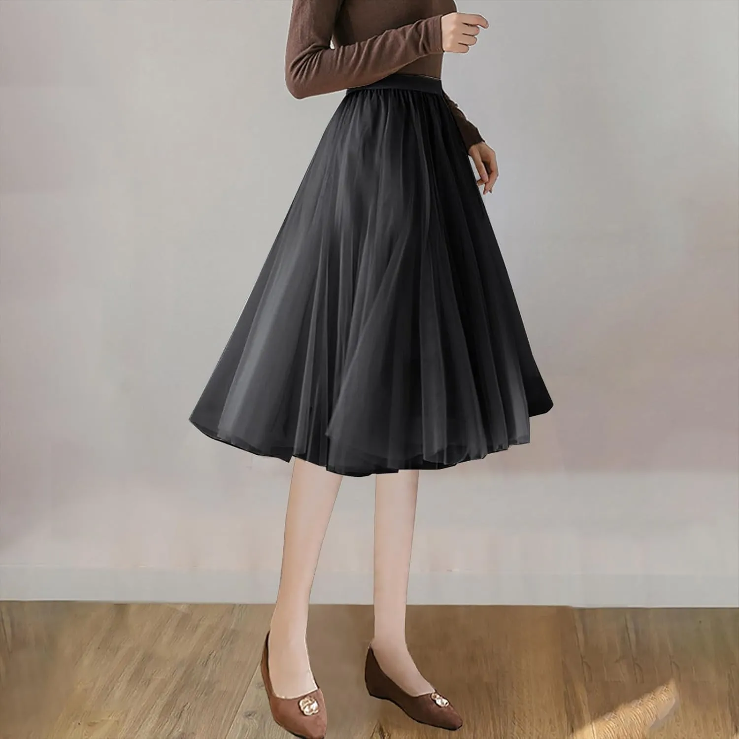 Women Flowy Tulle Swing Skirt, Elastic High Waist Tummy Control Casual A-Line Skirts Streetwear Trendy Midi Clothes