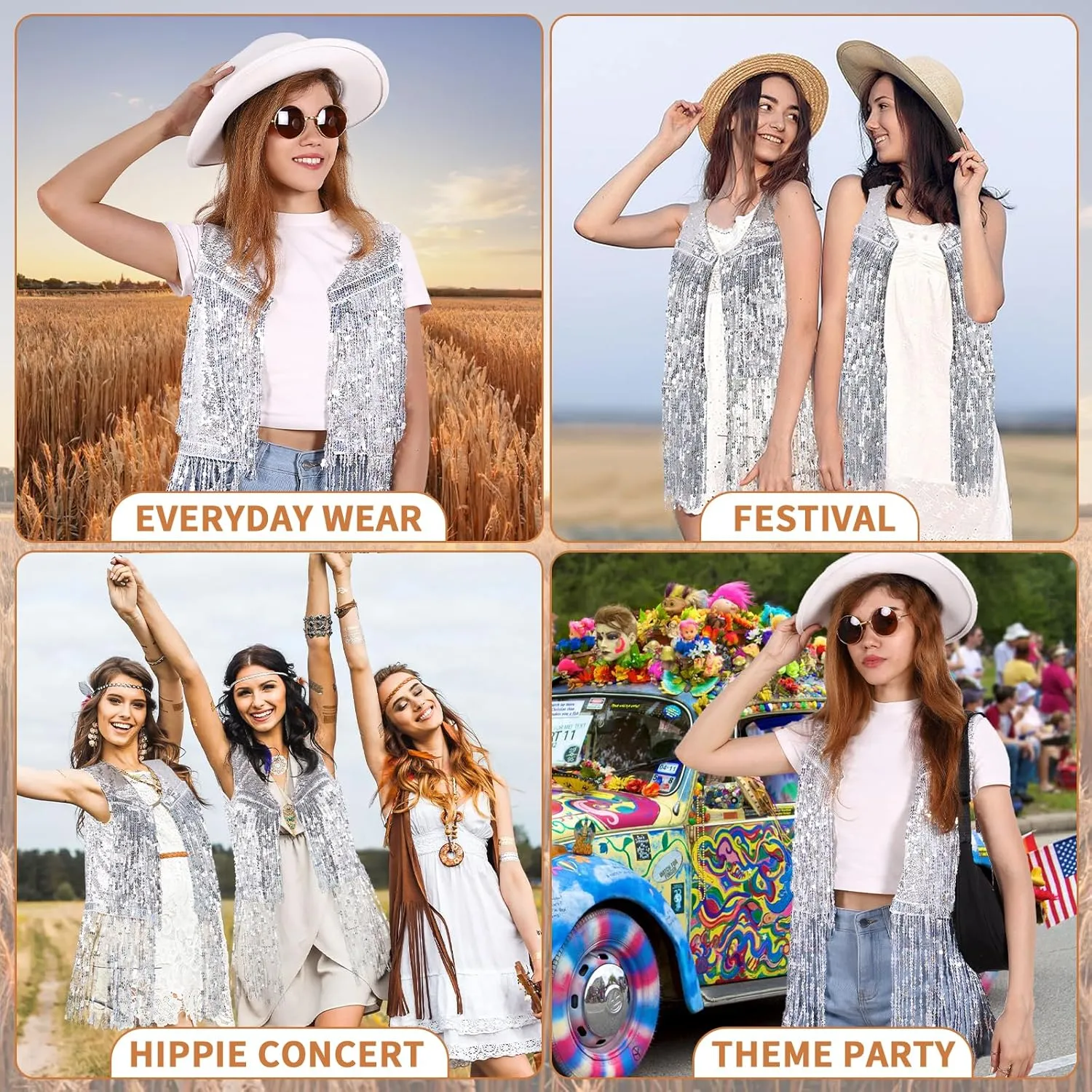 Women Fringe Vest 70s Hippie Costume Faux Suede Rivets Tassel Sleeveless Cowgirl Western Costume Jacket Outerwear