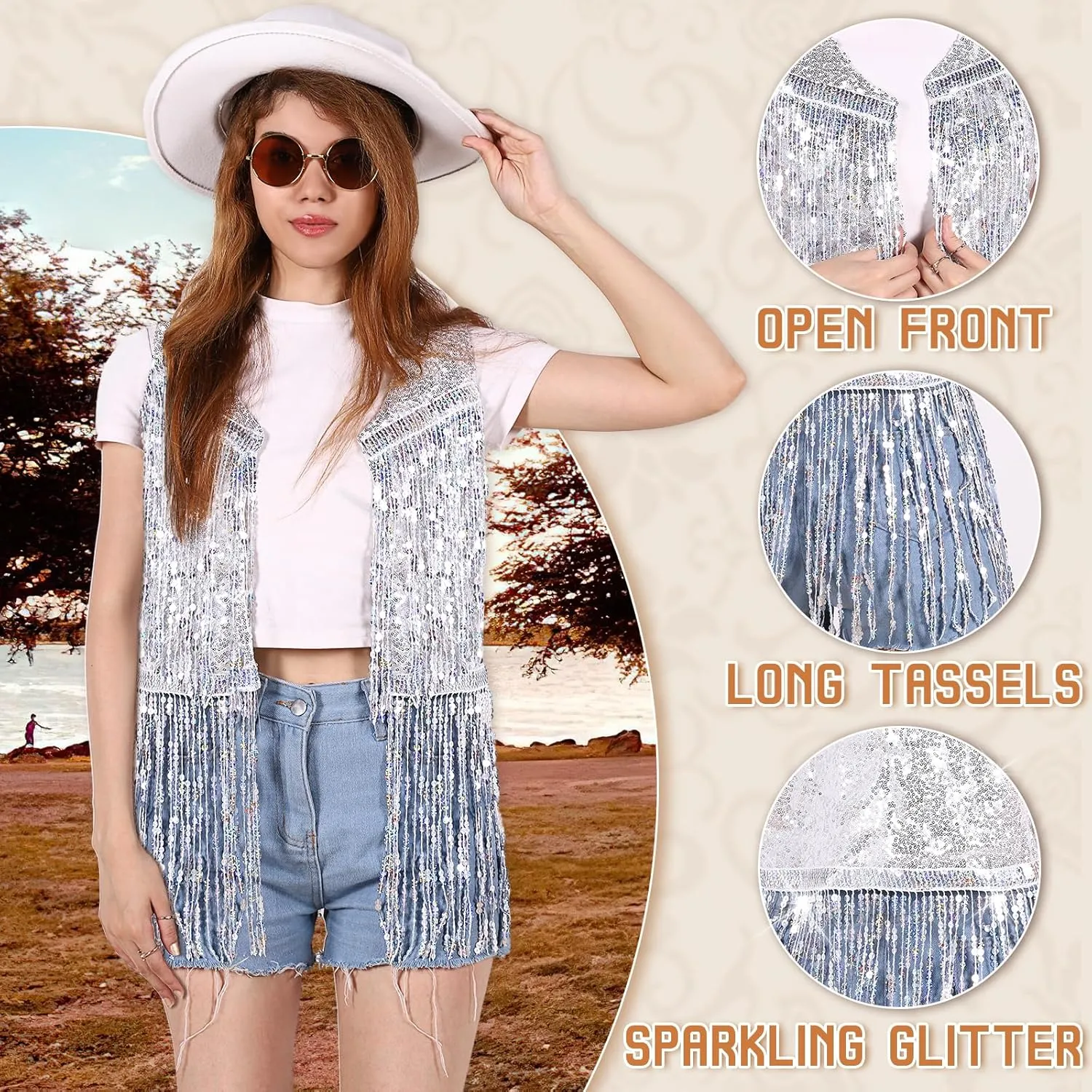 Women Fringe Vest 70s Hippie Costume Faux Suede Rivets Tassel Sleeveless Cowgirl Western Costume Jacket Outerwear