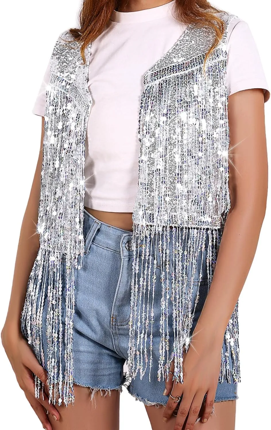 Women Fringe Vest 70s Hippie Costume Faux Suede Rivets Tassel Sleeveless Cowgirl Western Costume Jacket Outerwear