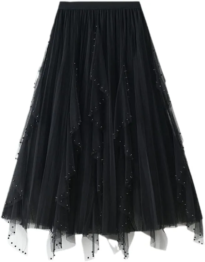 Women Long Tulle Skirts Female Irregular High Waist Midi Maxi Skirts Lady Beading Skirts
