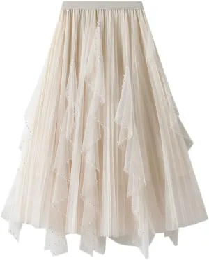 Women Long Tulle Skirts Female Irregular High Waist Midi Maxi Skirts Lady Beading Skirts