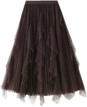 Women Long Tulle Skirts Female Irregular High Waist Midi Maxi Skirts Lady Beading Skirts