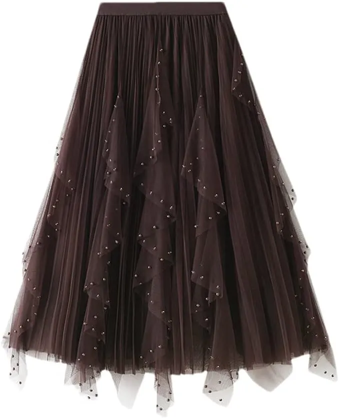 Women Long Tulle Skirts Female Irregular High Waist Midi Maxi Skirts Lady Beading Skirts