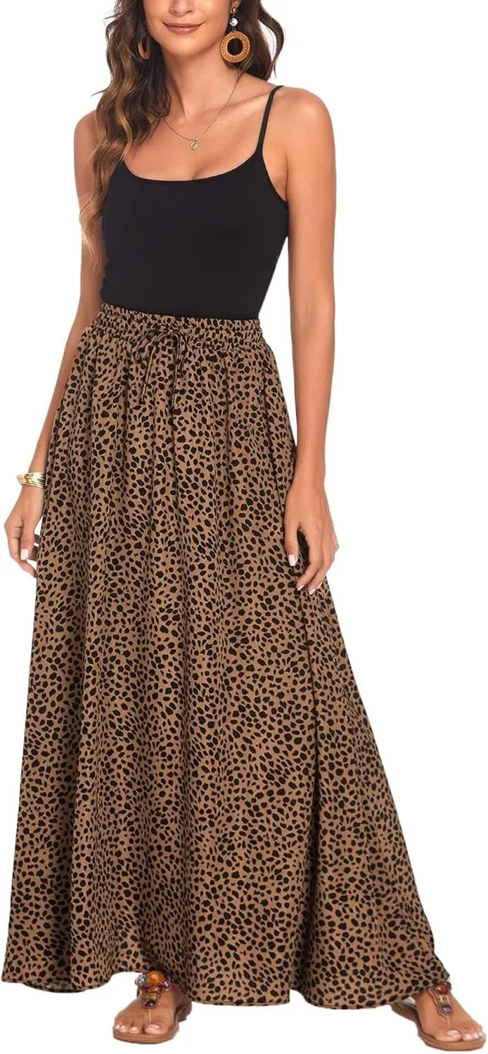 Women Maxi Beach Skirts Summer Leopard Print Beach Pleated Elastic High Waisted Long Skirts