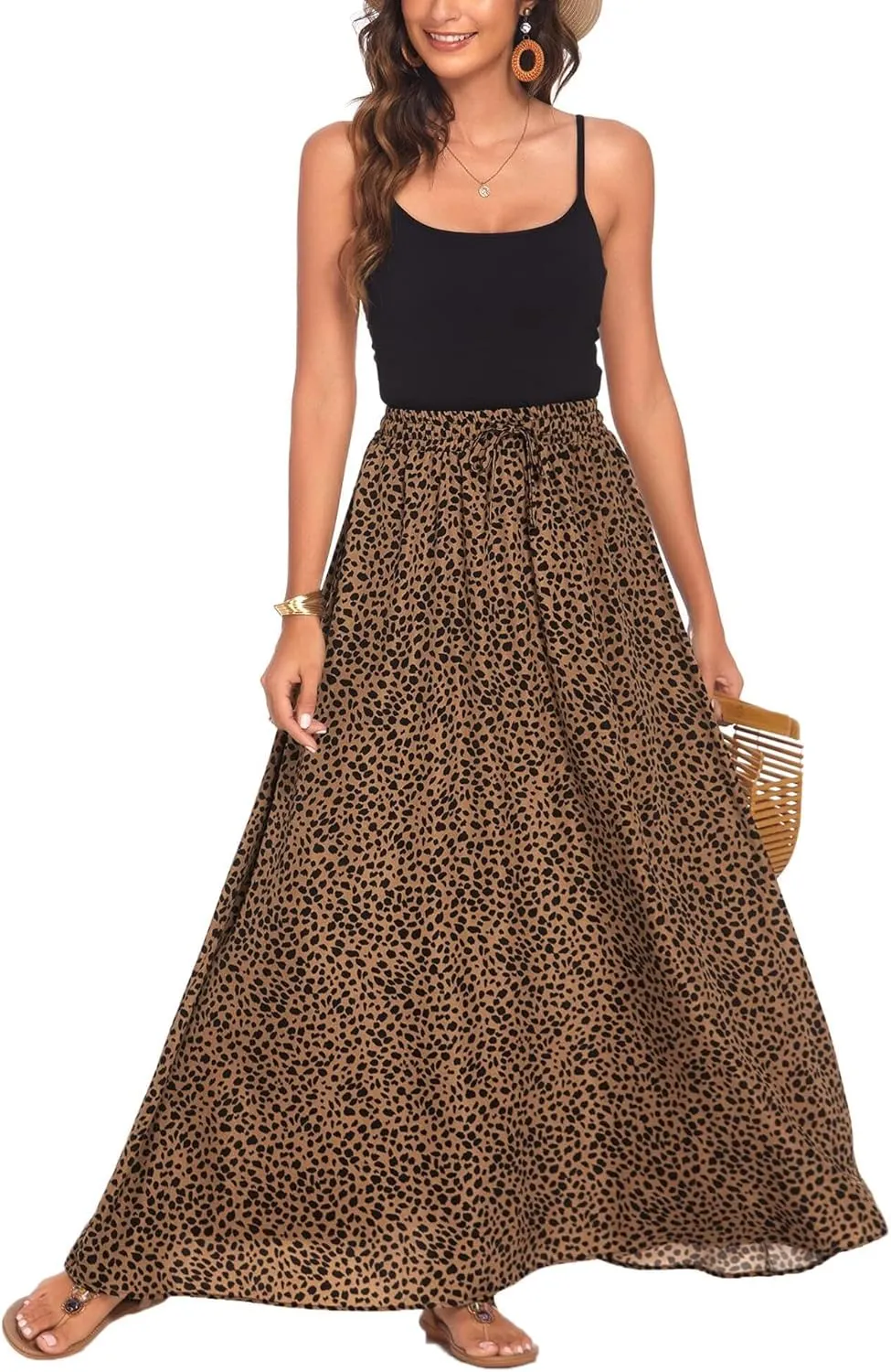Women Maxi Beach Skirts Summer Leopard Print Beach Pleated Elastic High Waisted Long Skirts