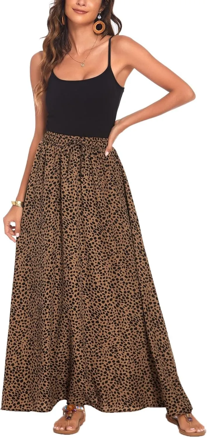 Women Maxi Beach Skirts Summer Leopard Print Beach Pleated Elastic High Waisted Long Skirts