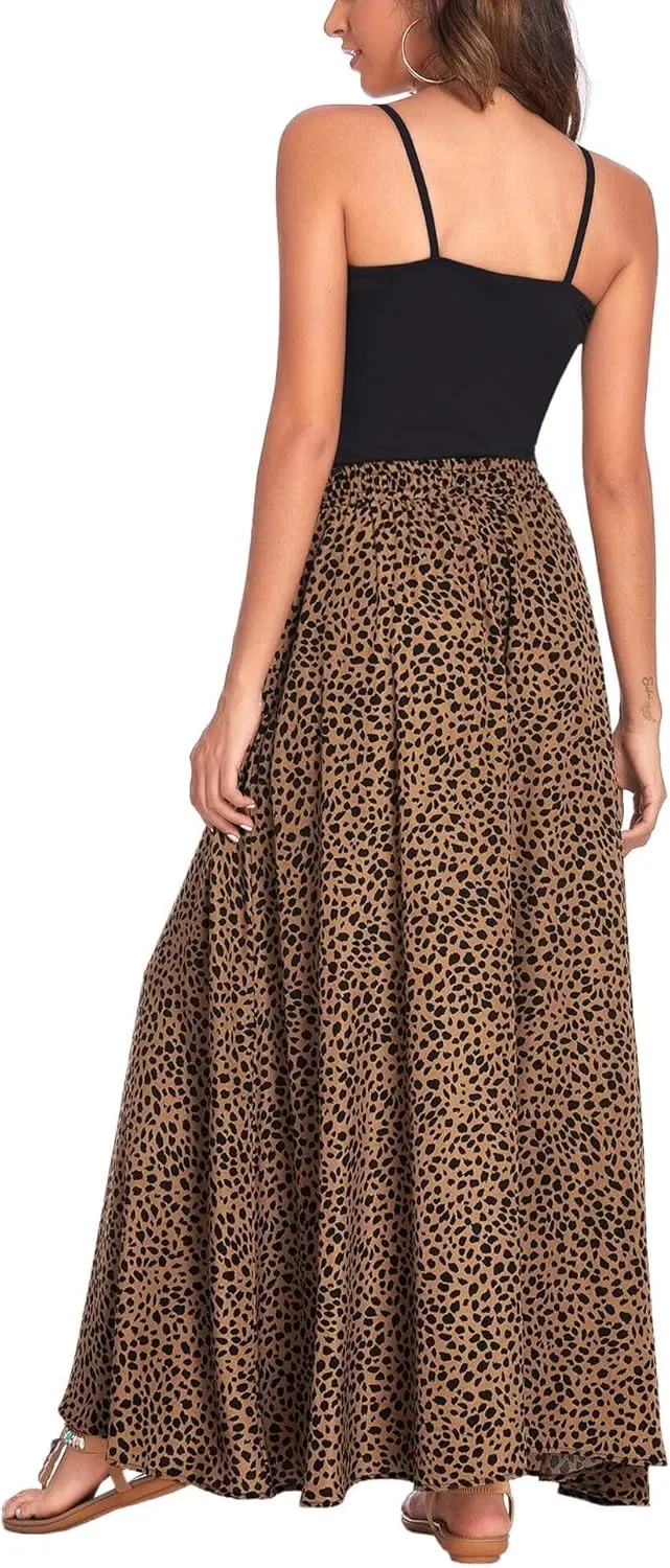 Women Maxi Beach Skirts Summer Leopard Print Beach Pleated Elastic High Waisted Long Skirts