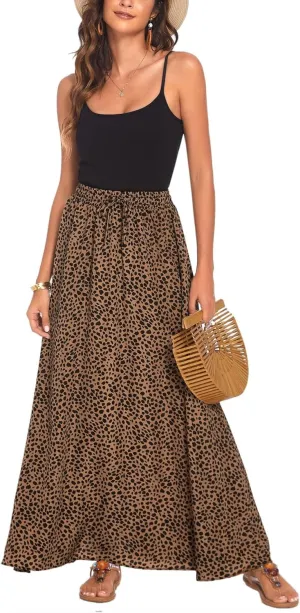 Women Maxi Beach Skirts Summer Leopard Print Beach Pleated Elastic High Waisted Long Skirts
