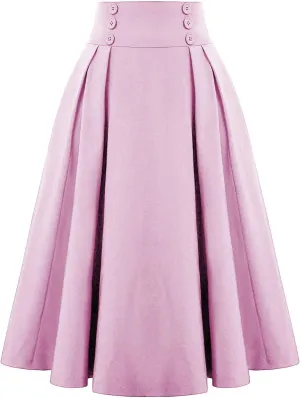 Women Midi Skirt Button High Waisted Elastic Casual Solid Color Pleated Knee Length Flowy A Line Skirts