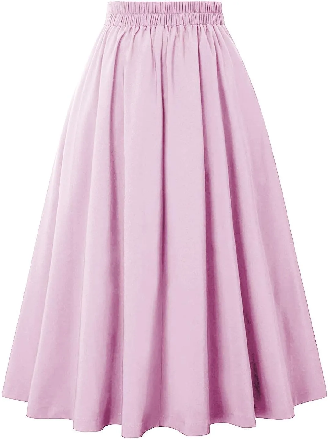 Women Midi Skirt Button High Waisted Elastic Casual Solid Color Pleated Knee Length Flowy A Line Skirts