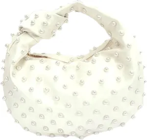 Women Pearl Studded Satin Evening Clutch Top Handle Soft Clutch Bag Party Wedding Elegant Prom Purse