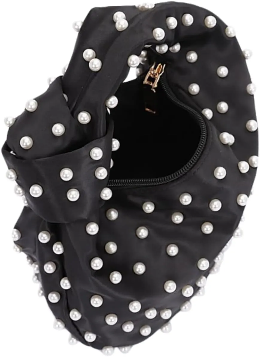 Women Pearl Studded Satin Evening Clutch Top Handle Soft Clutch Bag Party Wedding Elegant Prom Purse