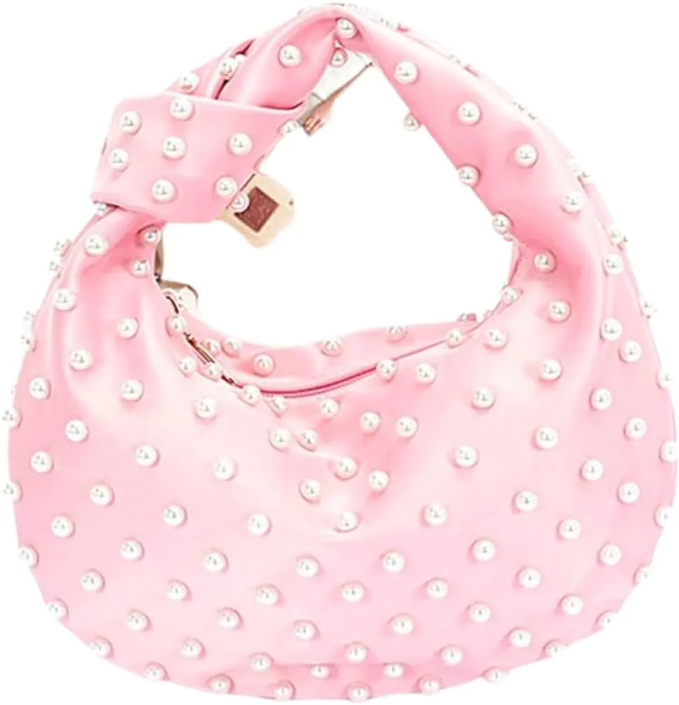 Women Pearl Studded Satin Evening Clutch Top Handle Soft Clutch Bag Party Wedding Elegant Prom Purse