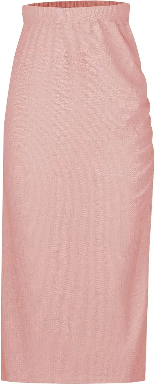 Women Pencil Midi Skirt Solid High Waisted Ruched Split Thigh Slit Skirts Casual Fashion Sexy Formal Bodycon Skorts