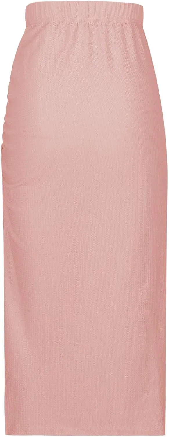 Women Pencil Midi Skirt Solid High Waisted Ruched Split Thigh Slit Skirts Casual Fashion Sexy Formal Bodycon Skorts