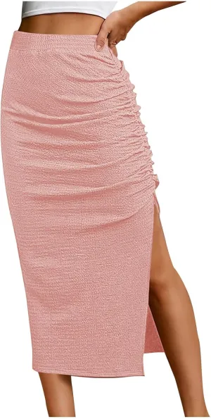 Women Pencil Midi Skirt Solid High Waisted Ruched Split Thigh Slit Skirts Casual Fashion Sexy Formal Bodycon Skorts