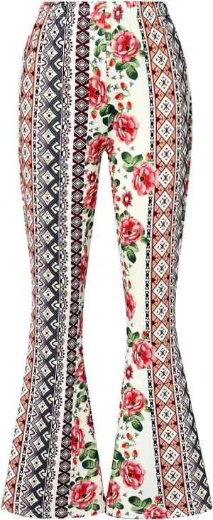 Women 's High Waist Bell Bottom Stretchy Pants Yoga Flare Wide Leg Straight Retro Floral Print Palazzo Trousers