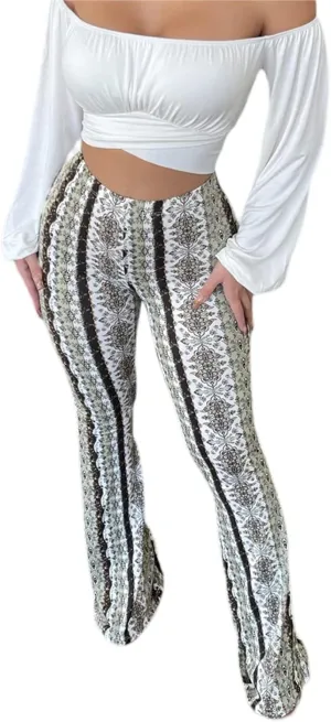 Women 's High Waist Bell Bottom Stretchy Pants Yoga Flare Wide Leg Straight Retro Floral Print Palazzo Trousers
