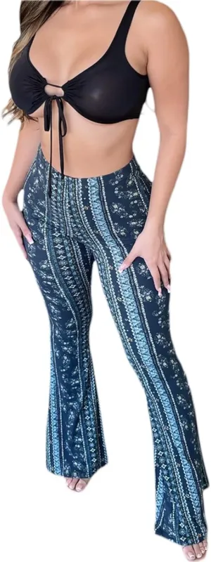 Women 's High Waist Bell Bottom Stretchy Pants Yoga Flare Wide Leg Straight Retro Floral Print Palazzo Trousers