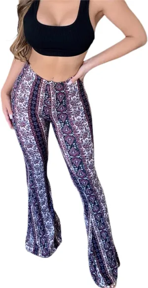 Women 's High Waist Bell Bottom Stretchy Pants Yoga Flare Wide Leg Straight Retro Floral Print Palazzo Trousers