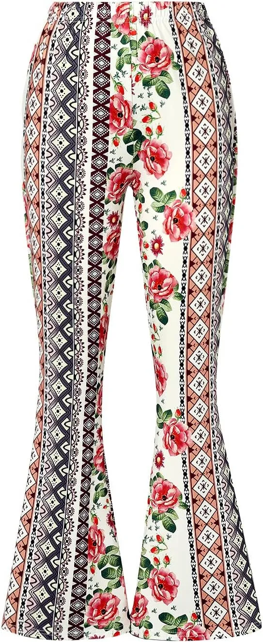 Women 's High Waist Bell Bottom Stretchy Pants Yoga Flare Wide Leg Straight Retro Floral Print Palazzo Trousers