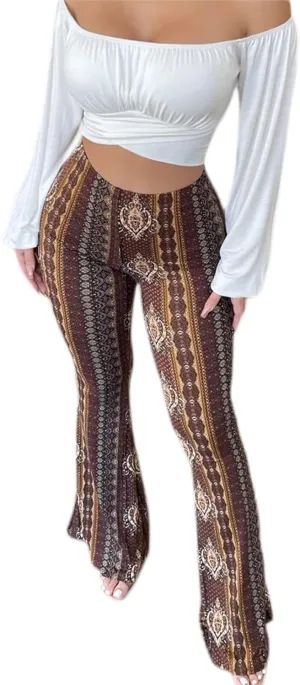 Women 's High Waist Bell Bottom Stretchy Pants Yoga Flare Wide Leg Straight Retro Floral Print Palazzo Trousers