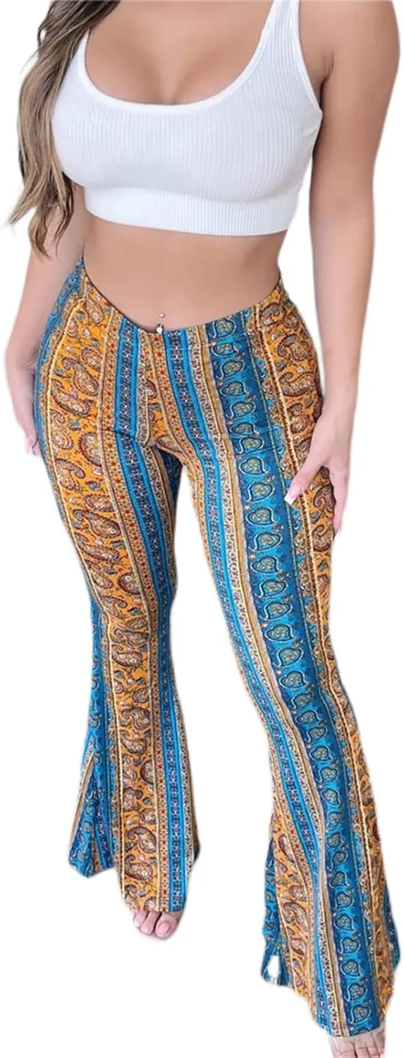 Women 's High Waist Bell Bottom Stretchy Pants Yoga Flare Wide Leg Straight Retro Floral Print Palazzo Trousers