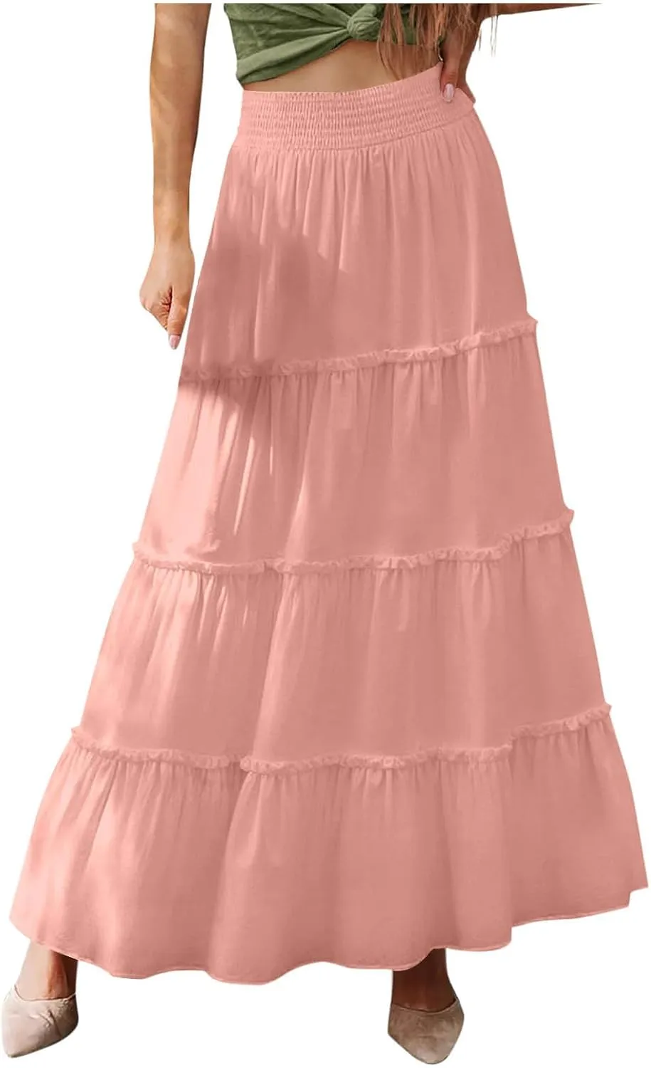 Women Summer Boho Maxi Skirts Flowy Swing Tiered Ruffle A-Line Beach Skirt Smocked Elastic High Waist Pleated Dress