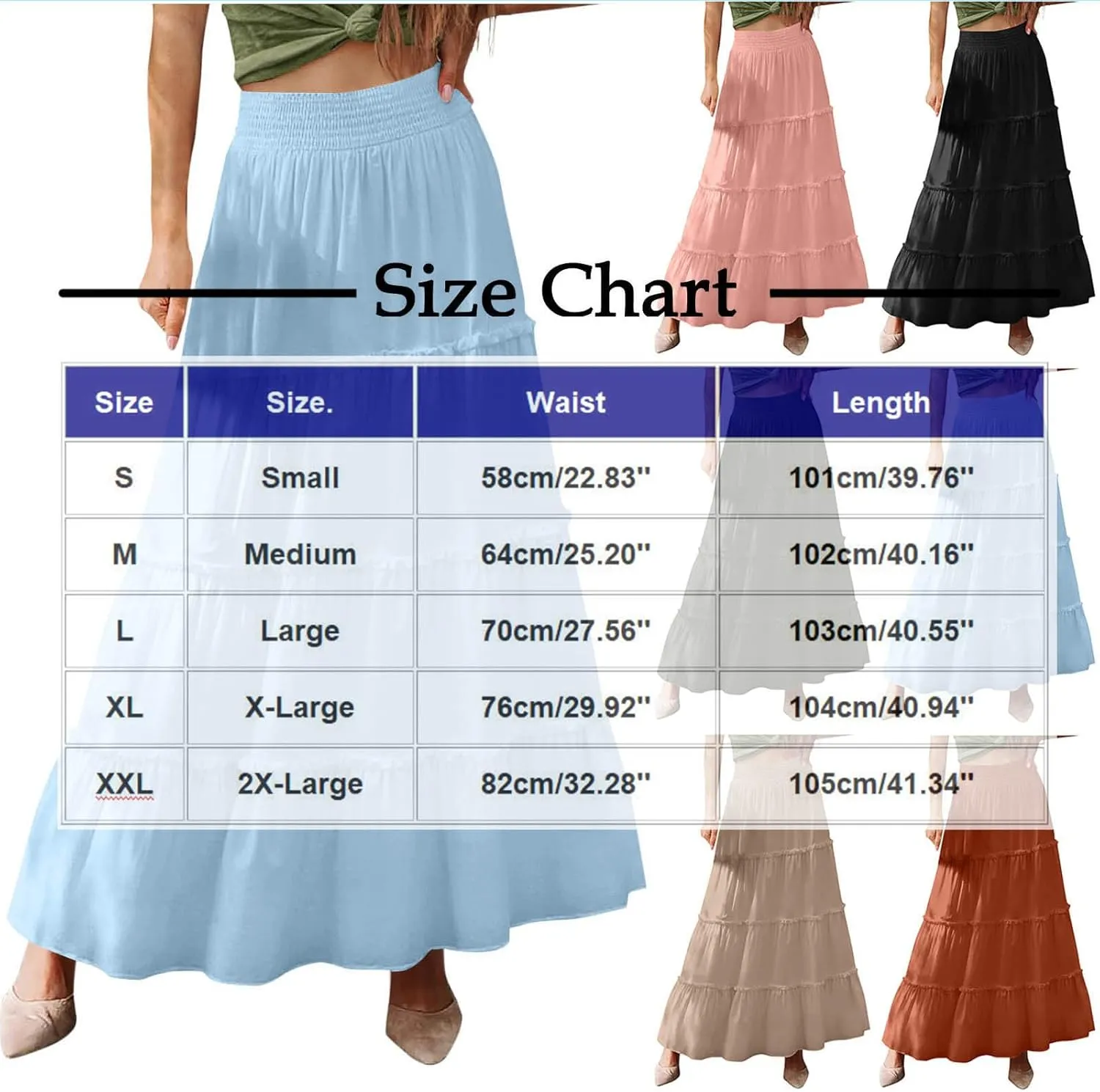 Women Summer Boho Maxi Skirts Flowy Swing Tiered Ruffle A-Line Beach Skirt Smocked Elastic High Waist Pleated Dress