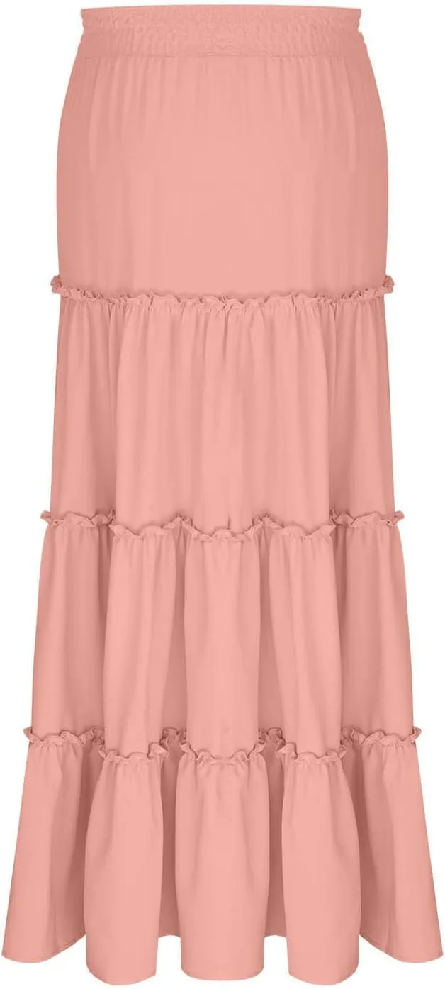 Women Summer Boho Maxi Skirts Flowy Swing Tiered Ruffle A-Line Beach Skirt Smocked Elastic High Waist Pleated Dress