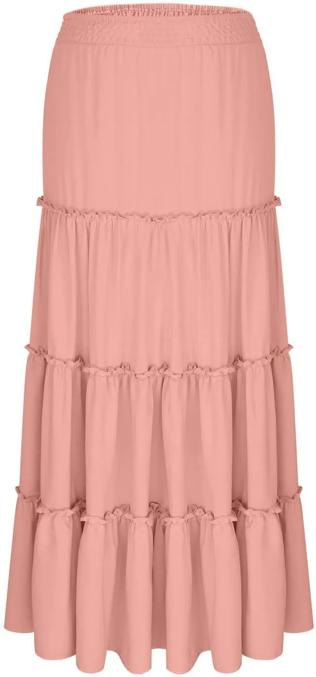 Women Summer Boho Maxi Skirts Flowy Swing Tiered Ruffle A-Line Beach Skirt Smocked Elastic High Waist Pleated Dress