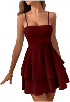 Women Summer Boho Ruffle Short Dress Strappy Layered Flowy Swing Tube Dress Solid Color Casaul Sun Beach Mini Dresses