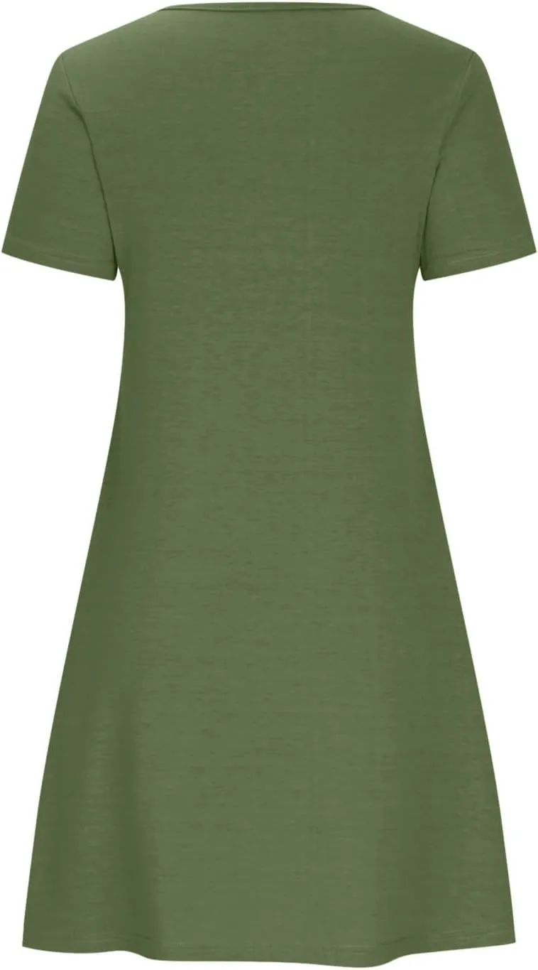 Women Summer Dresses Short Sleeve Casual Round Neck Beach Dress Fashion Solid Color Vacation Loose Pleated Sundress
