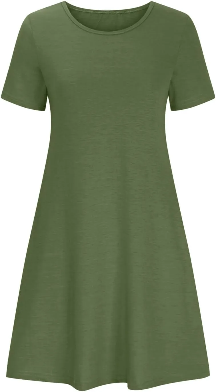 Women Summer Dresses Short Sleeve Casual Round Neck Beach Dress Fashion Solid Color Vacation Loose Pleated Sundress
