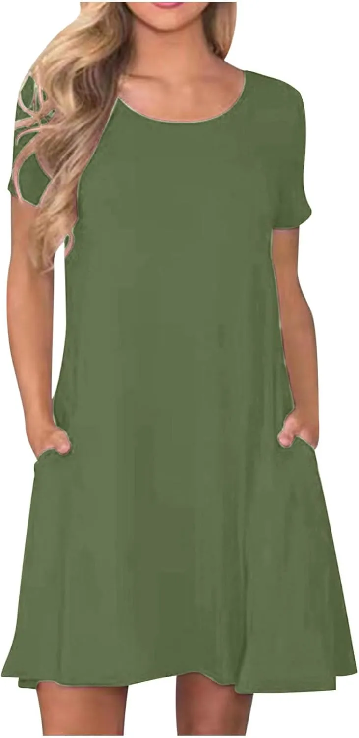 Women Summer Dresses Short Sleeve Casual Round Neck Beach Dress Fashion Solid Color Vacation Loose Pleated Sundress